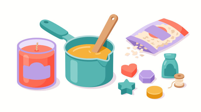 Set of tools and materials for making handmade scented candles at home.