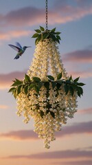 Fototapeta premium Small blue hummingbird hovers near white jasmine flower chandelier hanging on chain. Tiny bird flies near blooming jasmine plant against sunset sky. Tropical bird seeks nectar from fragrant white