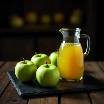 Freshly pressed apple juice pitcher with green apples on rustic wooden table for healthy beverage branding