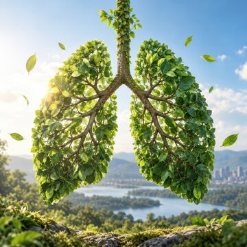 Breathing Green: A symbolic representation of lungs, crafted from lush green leaves and branches, integrated seamlessly with a vibrant natural landscape under a clear sky.
