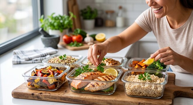 Healthy meal prep for New Year diet, Woman preparing healthy meal prep containers in a modern home kitchen  