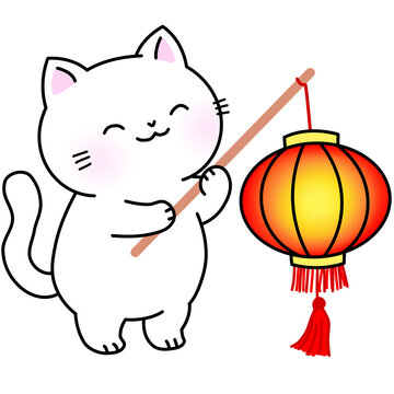 white cat holding a traditional chinese red paper lantern illustration for Chinese lunar new year celebration