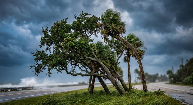 Hurricane force winds bending trees, Palm trees bending in strong wind by coastal highway under stormy sky  