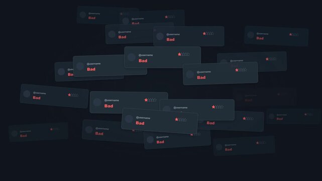 A continuous stream of negative reviews displayed as floating dark-mode comment cards, symbolizing poor customer feedback and reputation crisis in a seamless loop.