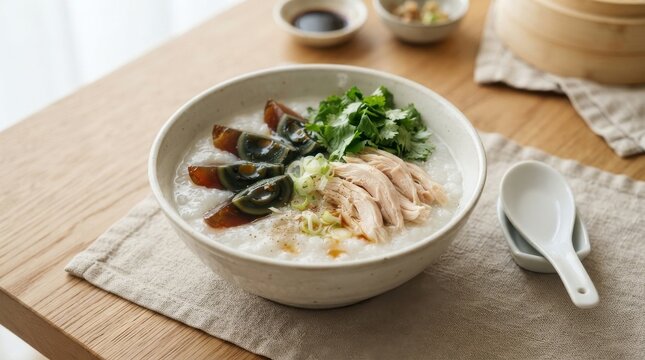 Bowl of traditional chinese congee with century egg and shredded chicken
