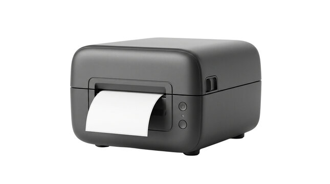Compact thermal label printer with a clean modern body and visible paper output slot for home and office organization. Isolated on White background.