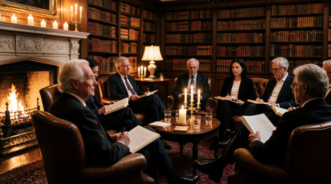 Philosophers, neuroscientists discuss consciousness research in candlelit private faculty lounge. Academic group engages in ethics seminar around small table. Scholars debate morality, brain science