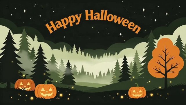 Happy Halloween Forest Silhouette at Night with Crescent Moon, Bats, and Glowing Pumpkins