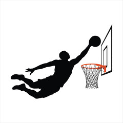 Basketball player slam dunking silhouette vector illustration isolated on white background, Male basketball player jumping to score hoop flat vector art, Professional basketball player performing slam © MDNASIRUL
