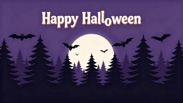 Spooky Halloween Forest Landscape with Giant Full Moon, Dark Trees, and Flying Bats Illustration