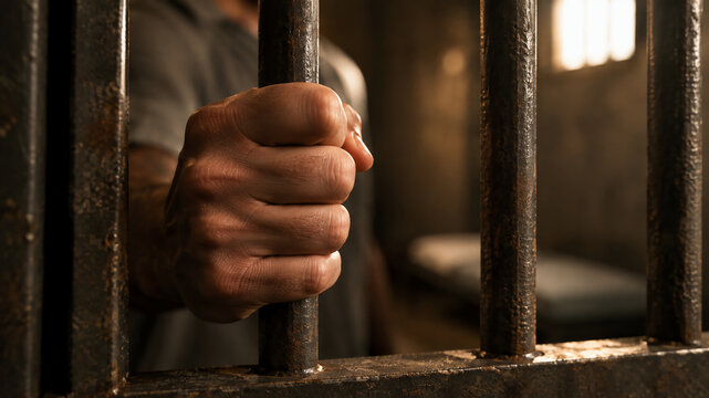 A close-up of a hand gripping prison bars, symbolizing confinement and captivity in a dimly lit cell.