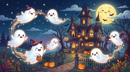 Obraz premium Cartoon ghosts and jack-o'-lanterns celebrating Halloween night around a haunted house with autumn leaves