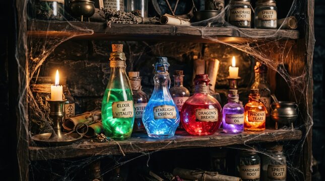 Collection of vintage potion bottles with fantasy labels displayed on rustic wooden shelf in dimly lit alchemy studio