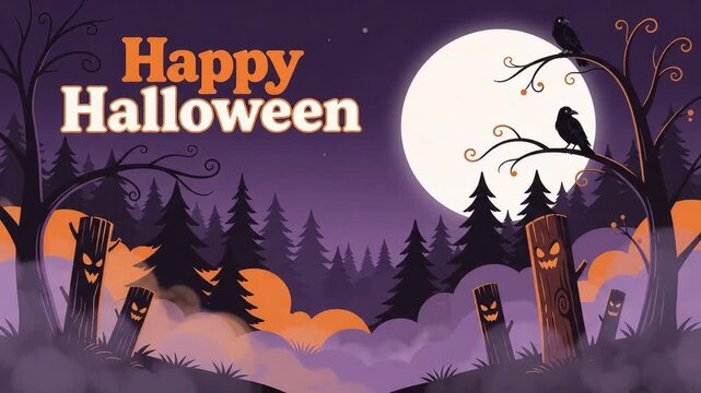 Halloween Night Forest Background with Full Moon, Spooky Trees, and Glowing Pumpkin Lanterns
