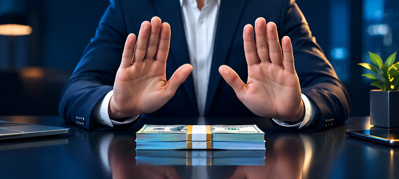 Businessman Hands Making Stop Gesture to Stack of Money Cash Anti Corruption Bribery Refusal Concept
