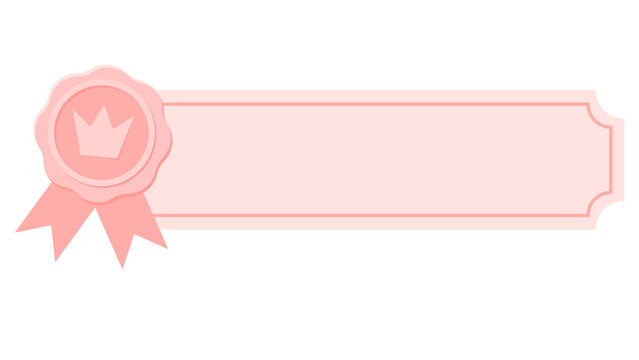Pink award ribbon banner label vector with crown seal badge. Cute pastel frame template for sales promotion, guarantee badge, price tag, discount offer, and royal certificate.