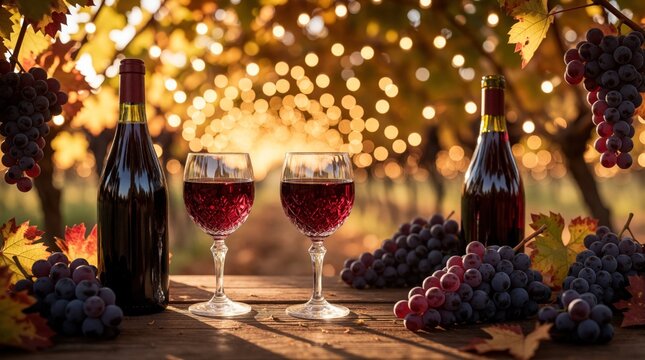 Two crystal wine glasses filled with deep red wine sit on rustic wooden table next to bottle, fresh grapes. Grapes hang from vines in background with bokeh lights. Evokes sense of celebration,