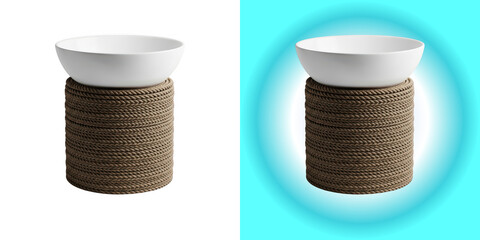 White ceramic bowl wrapped in nautical rope isolated on transparent background