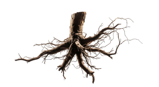 Exposed intricate root system of a tree stump isolated on a clean white background.