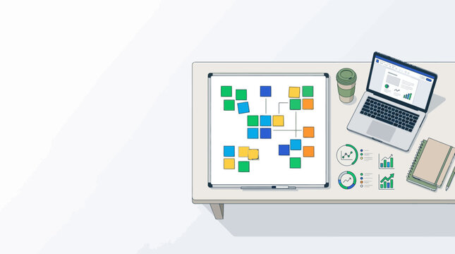 Top view illustration of a business planning workspace featuring a laptop, brainstorming whiteboard with sticky notes, and data analysis charts on a clean desk.