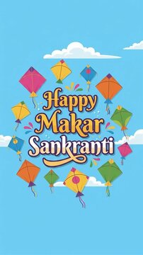 Happy Makar Sankranti festival greeting with colorful kites motion graphic, ai generated