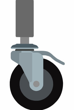 Office chair swiveling caster wheel assembly with grey metal bracket mounting stem and black rolling wheel, desk furniture replacement spare hardware flat color vector illustration