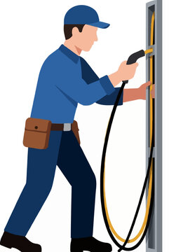 Professional technician electrician in blue work uniform and cap pulling flexible electrical wiring cable through metal wall stud conduit, building utility flat color vector illustration
