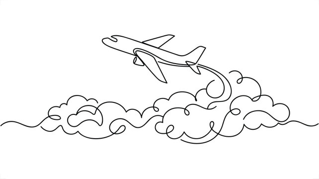 Airplane flying through clouds minimalist line art vector illustration with continuous stroke for travel branding