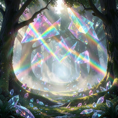Fototapeta premium Magical Enchanted Forest Landscape with Floating Prismatic Crystals and Radiant Light Rays