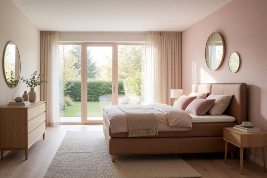 Modern bedroom features light brown leather boxspring bed with soft pink bedding. Scandinavian style interior wooden furniture, large glass doors, mirrors on pink wall. Natural light fills cozy room