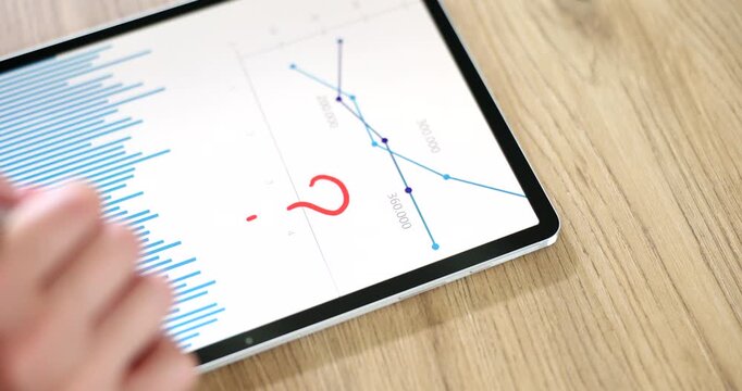 Engagement with digital charts unfolds as hands interact with a tablet, analyzing data visualizations and marking key insights. A thoughtful examination of trends and patterns evolves.