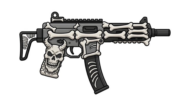 A submachine gun illustration adorned with creepy white bones and a prominent horned demonic skull on the magazine well for a dark game asset.