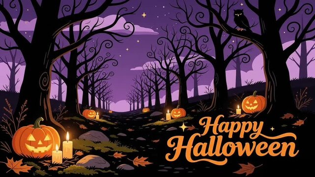 Spooky Halloween Forest Path with Dark Bare Trees, Glowing Pumpkins, and Mystical Purple Sky
