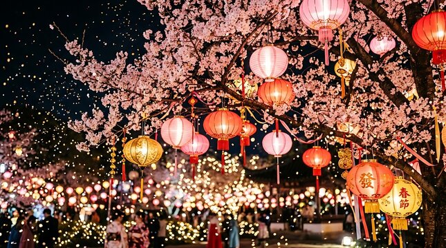 Cherry blossom tree with red and pink lanterns at night