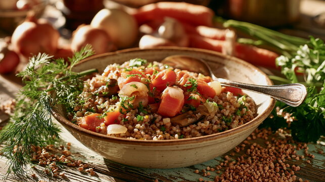 Golden buckwheat with roast veg and herbs in a rustic bowl, warm home food scene with rich grains, fresh greens and a cozy farm table for food lovers