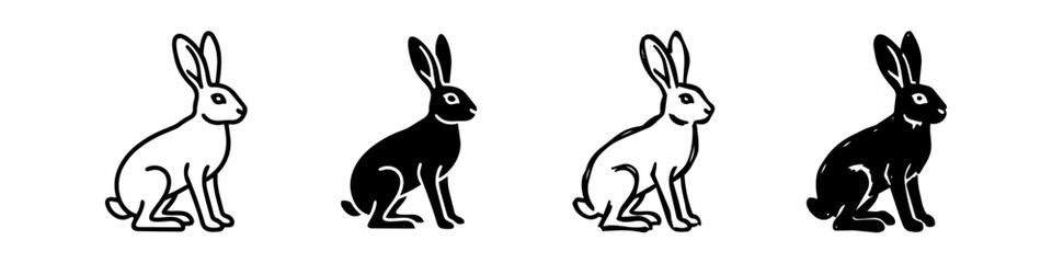 Obraz premium Set of hare and rabbit illustrations in various black and white styles, including outline, silhouette, and hand-drawn sketch, isolated on a white background.