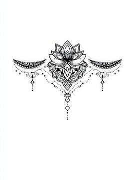 Intricate black and white ornamental lotus flower with crescent moons and beaded details, reminiscent of henna art and spiritual designs