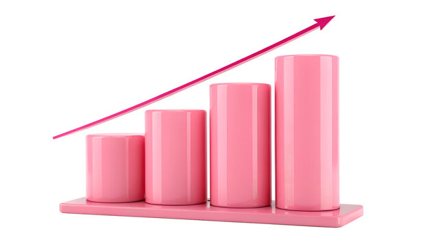 Pink 3D Financial Bar Chart with Rising Arrow Line Isolated on White Background   