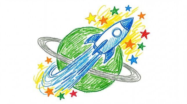 Crayon drawing of a rocket ship flying past a planet in space
