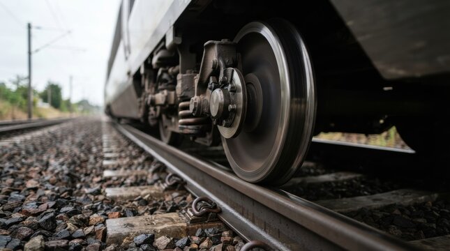 high speed train wheels track Close-up view of a moving train wheel on railway tracks with gravel.