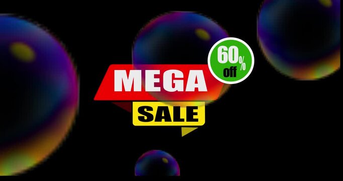 Dynamic motion graphic for mega sale announcement with up to 60% off discount. On a black background motion text 4k video with alpha channel animation