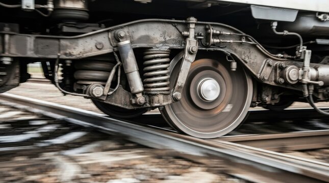 high speed train wheels track Train wheel and suspension system on railway tracks in close-up view