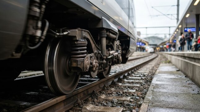 high speed train wheels track Train wheel in motion on railway track at a station platform with passengers.