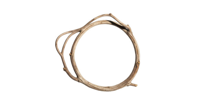 A rustic circular frame or wreath made from natural intertwined branches and twigs on a white background, showcasing organic texture.