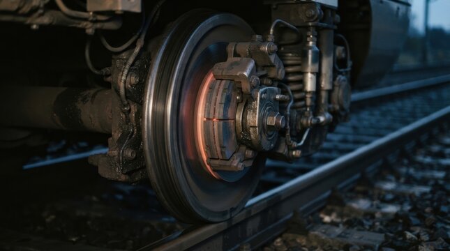 high speed train wheels track Close-up of a train wheel and axle on railway tracks with mechanical details.