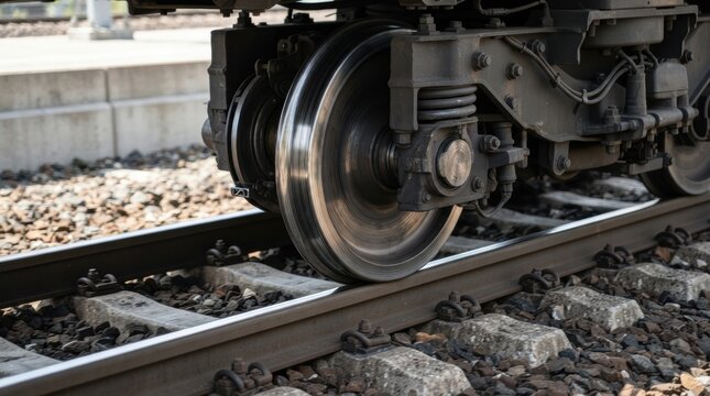 high speed train wheels track Close-up of a train wheel on railroad tracks with gravel ballast