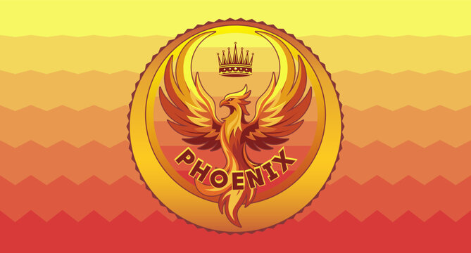 Vibrant flaming vector flag, emblem or logo. Stylized mythical firebird phoenix. Royal crown and inscription. High outspread burning wings. Fire and miracle. Fabulous bird. Logotype, decal and icon
