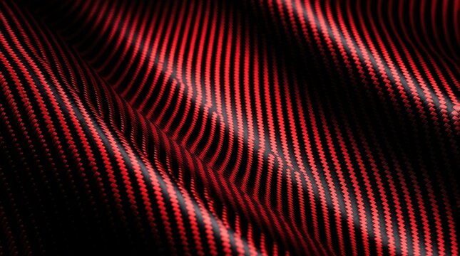 Red and black carbon fiber material unfolds in waves. Woven texture creates dynamic abstract pattern. This composite surface has glossy finish and luxurious appearance, suitable for modern designs.