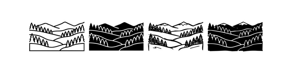 Fototapeta premium Hand drawn black and white mountain landscape set with hills and pine trees. Minimalist outdoor adventure line art and silhouette banners for logos and design.