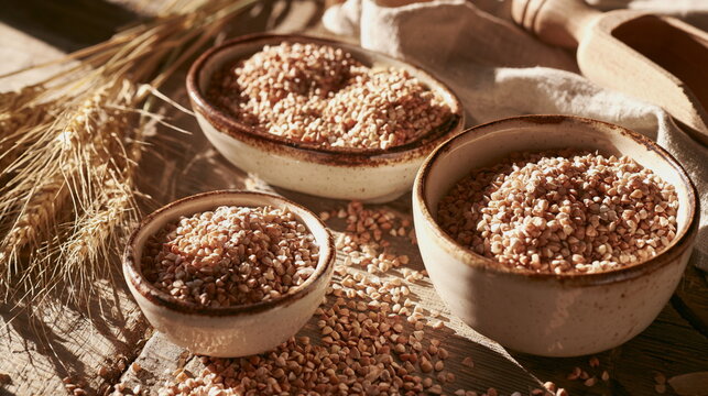 Bowls of dry buckwheat groats on the wood table, whole grain food, rustic farm still life with raw kasha, warm light, brown tones and warm fresh crop.